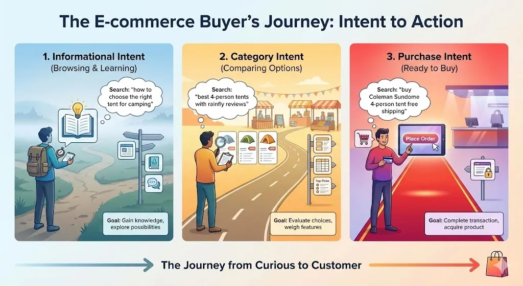 Illustration of a sales funnel mapping search queries to user intent, moving from cold informational searches to hot purchase-ready searches.