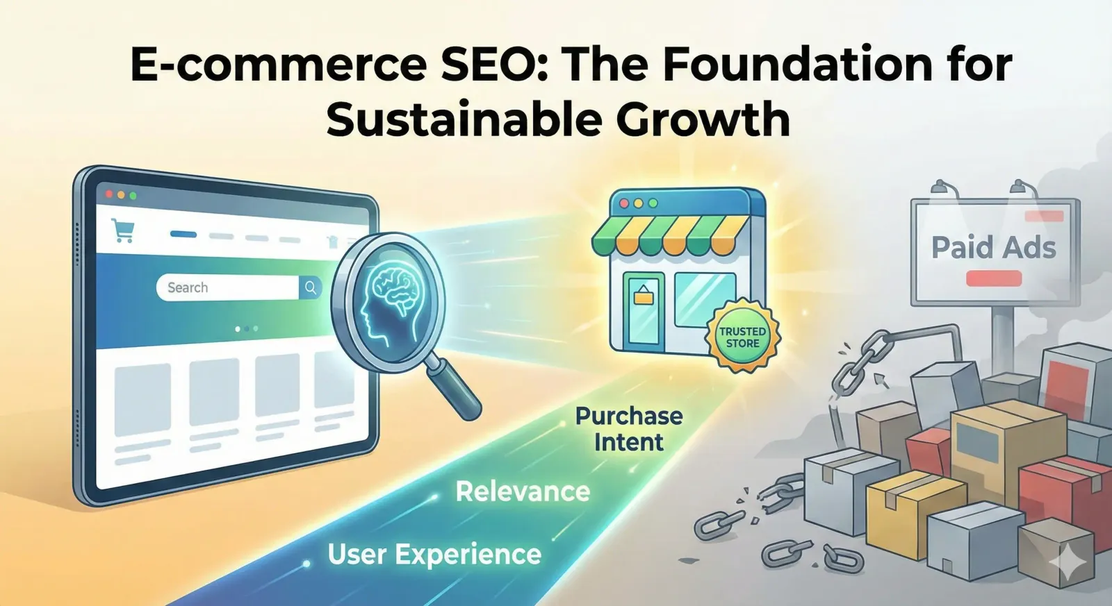Illustration showing how ecommerce SEO drives sustainable growth by connecting search relevance, user experience, and purchase intent, while reducing reliance on paid ads.